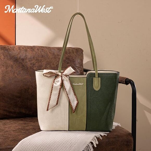 Women Beige Green Imported Vegan Leather Top Handle Polyester Lining Tote Bag - Picture 2 of 4